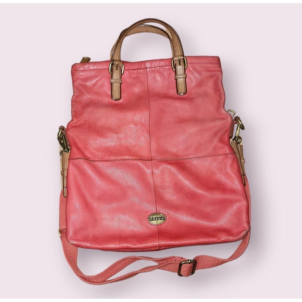 Fossil Explorer Leather Foldover Tote Crossbody Purse Bag Red/pink large hobo